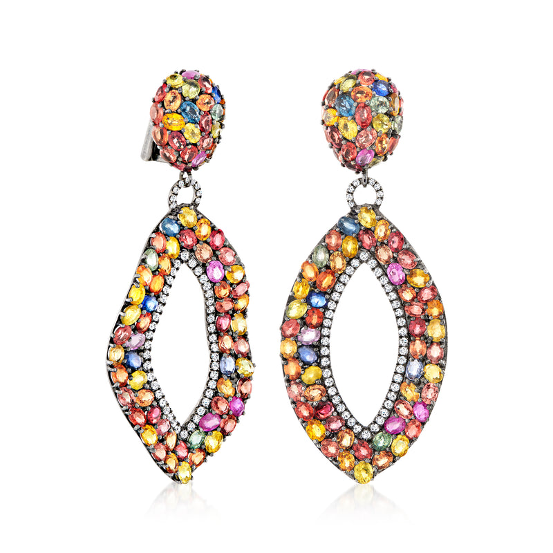 Pair of multicolored gemstone clip-on drop earrings, dangling oval hoops in white gold