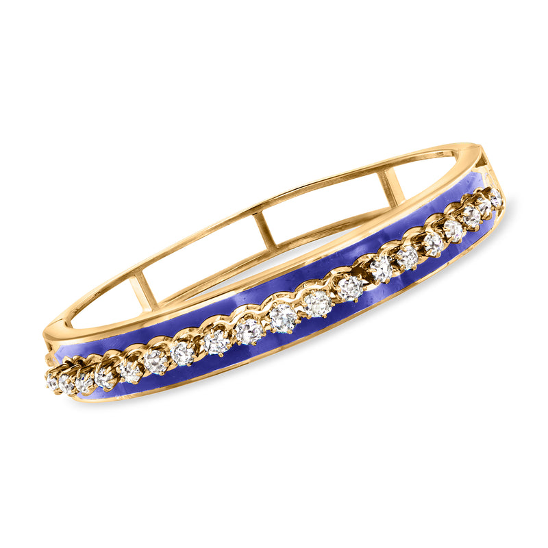 Vintage 14kt yellow gold bangle with blue enamel center and diamond row accents