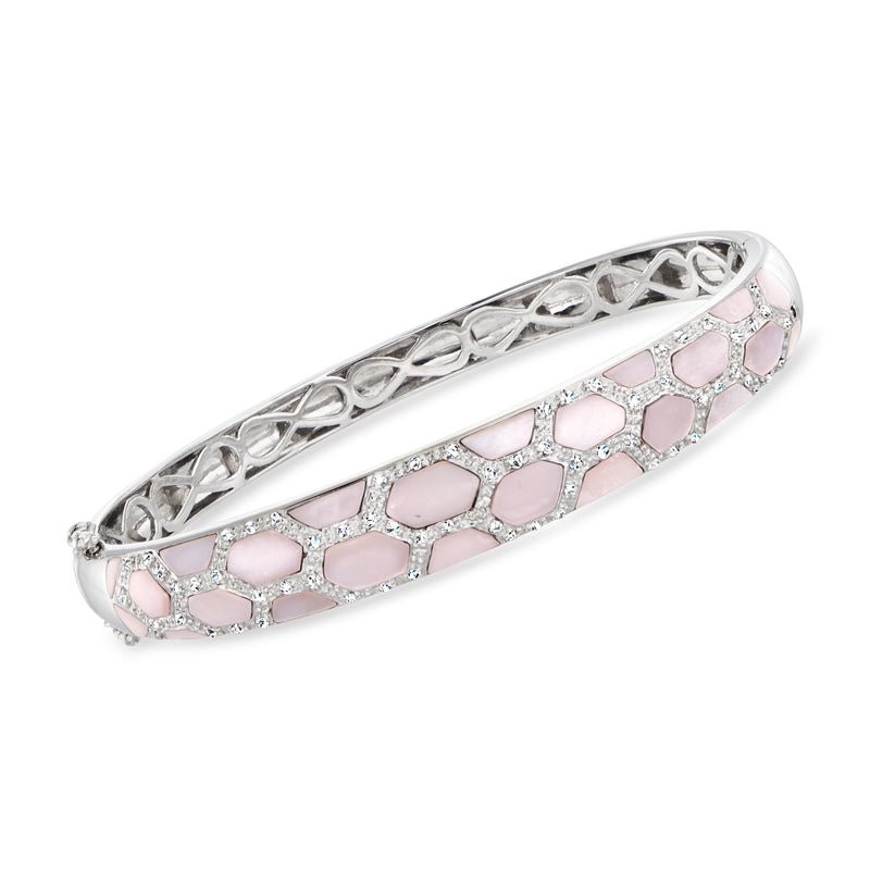 18kt white gold bangle with openwork lattice, pink mother-of-pearl panels and diamond accents