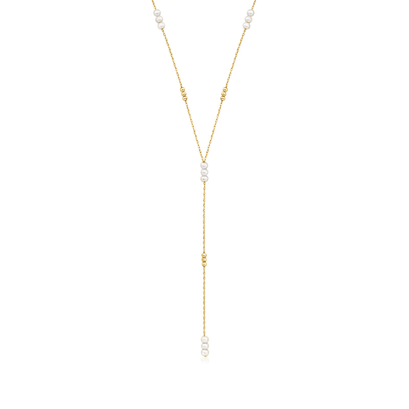 14kt yellow gold Y-necklace with bead-set cultured pearls, 3–4mm.