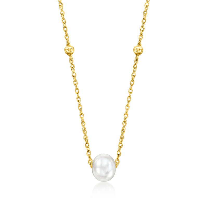 14kt yellow gold station necklace with one round white cultured pearl on chain