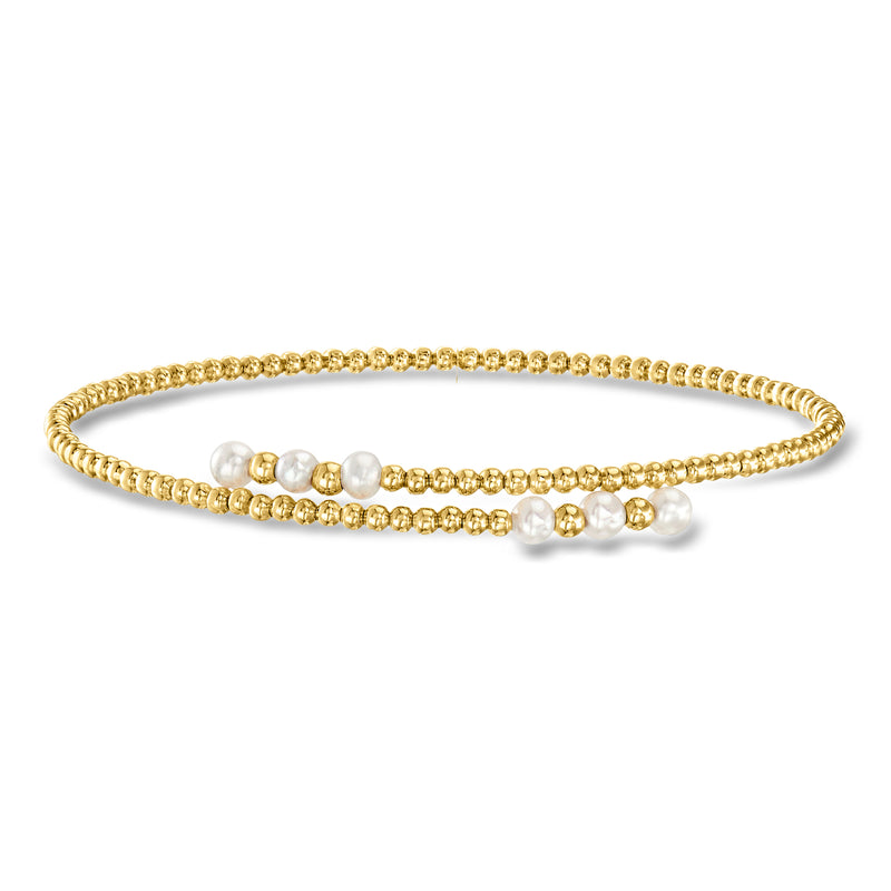 14kt yellow gold pearl beaded bypass cuff bracelet with white cultured pearls