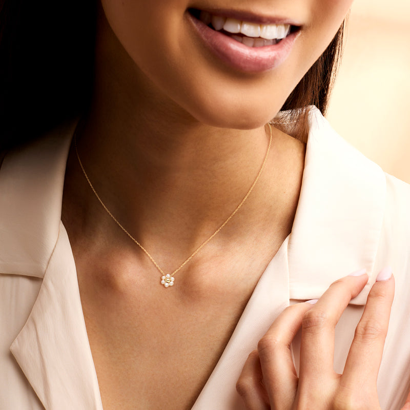 14kt yellow gold pearl flower necklace with small cultured pearl cluster pendant