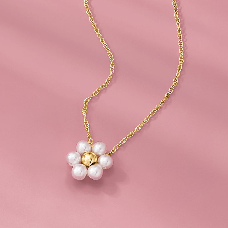 Gold chain pearl flower pendant with central gold pearl and white cultured pearls