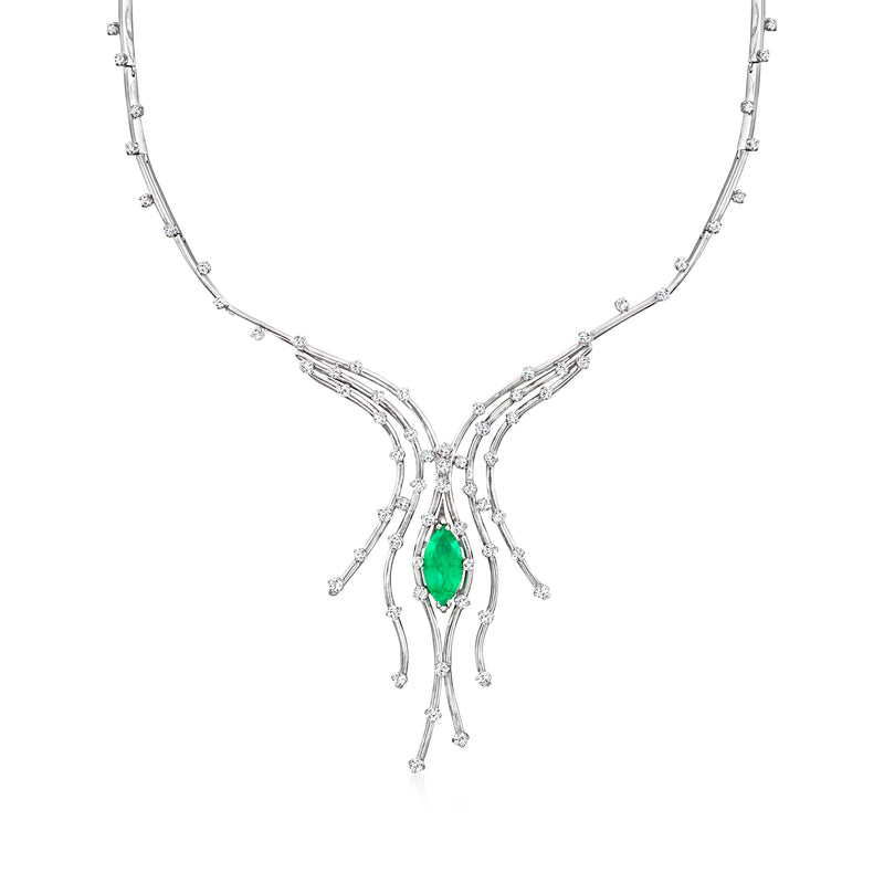 Vintage diamond necklace with emerald-green oval center in 18kt white gold
