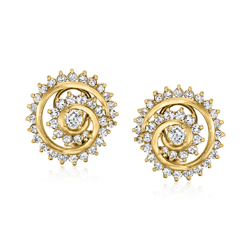 14kt yellow gold diamond swirl stud earrings with circular halo and center stone
