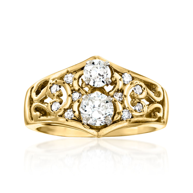14kt yellow gold diamond openwork ring with three round-cut stones, prong-set