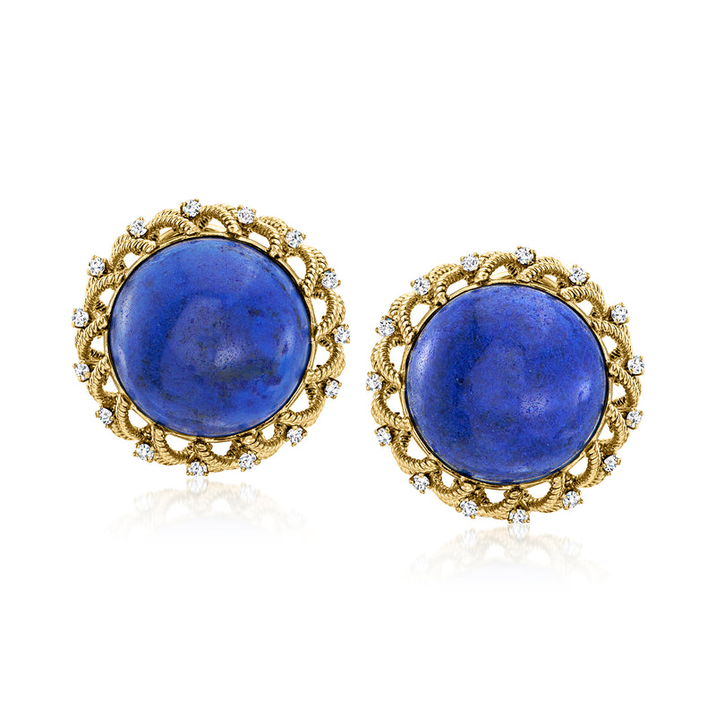 14kt gold clip-on earrings with round blue lapis cabochons and diamond halo accents