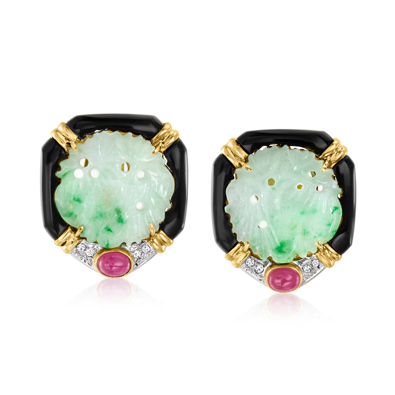 Two-tone gold clip-on earrings: jade-green stone, black enamel, ruby cabochon, diamond accents