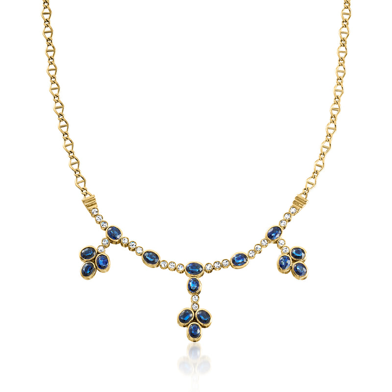 Vintage 18k yellow gold drop necklace with blue sapphire cluster and small diamonds