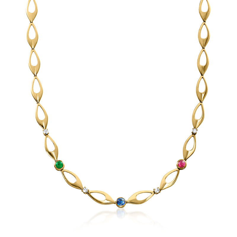 18kt yellow gold link necklace with oval links and small blue, green, and pink stones