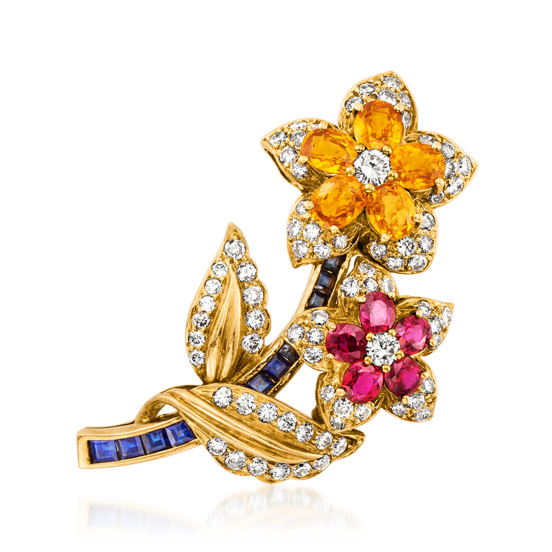 18kt yellow gold vintage flower pin with orange, pink, blue stones and diamond accents