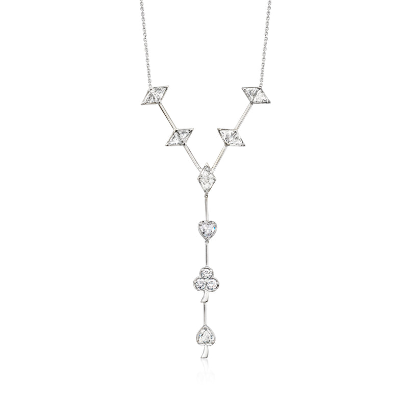 14kt white gold Y necklace with diamond card-suit drop and heart centerpiece