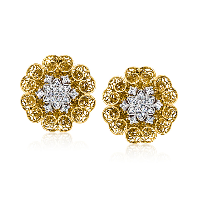 18k yellow gold diamond floral scroll stud earrings with post backs, round center stones