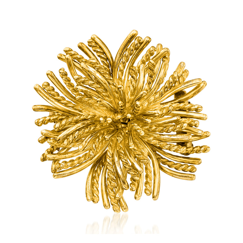 Vintage yellow gold burst pin with textured petal-like rays