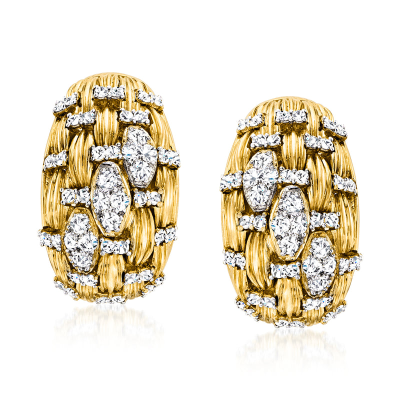 Yellow gold basketweave earrings with oval diamond cluster design and post closures