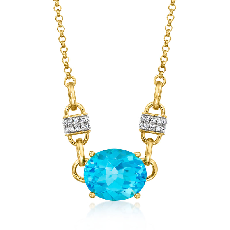 Gold link necklace with oval Swiss blue topaz pendant and clear CZ accents