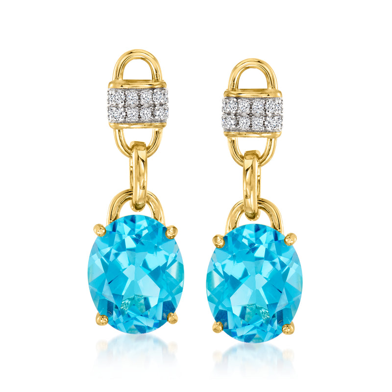 18kt gold drop earrings with oval Swiss Blue topaz and white CZ pave settings