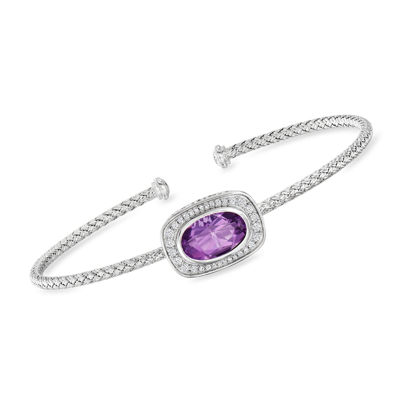 Sterling silver cuff bracelet with oval purple gemstone center and CZ halo on textured band