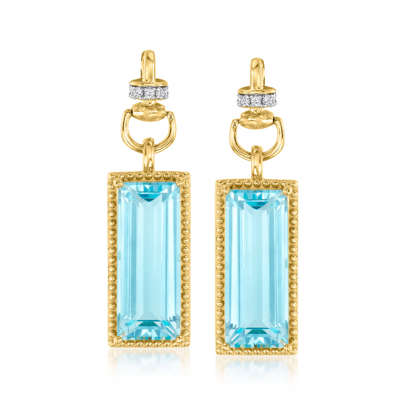 Gold over sterling drop earrings with rectangular sky-blue topaz, CZ halo frames.