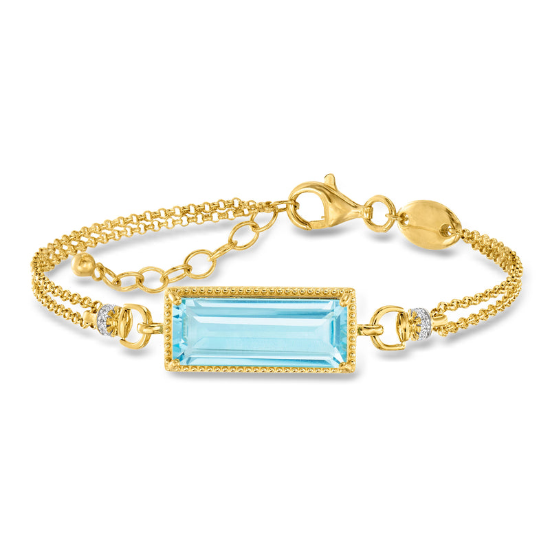 Gold-tone bracelet with rectangular light blue gemstone centerpiece and round detail links