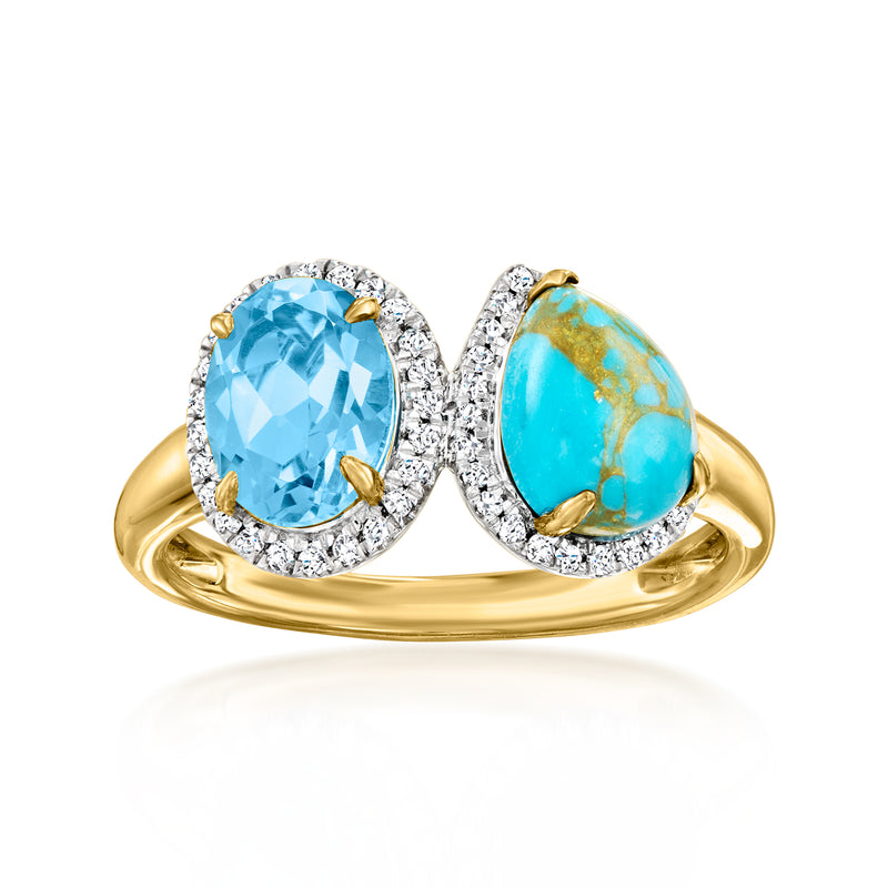 Yellow gold Toi et moi ring with oval blue and turquoise gemstones, diamond halo prongs