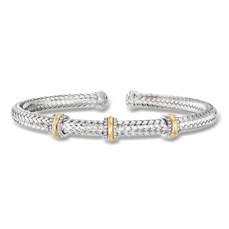 Sterling silver CZ station cuff bracelet with braided mesh and gold accents, open circle
