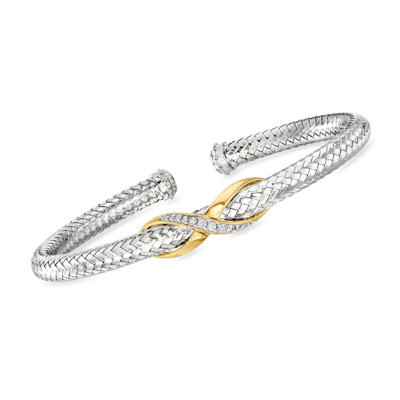 Charles Garnier infinity symbol cuff bracelet, silver braided with gold center and CZ stones