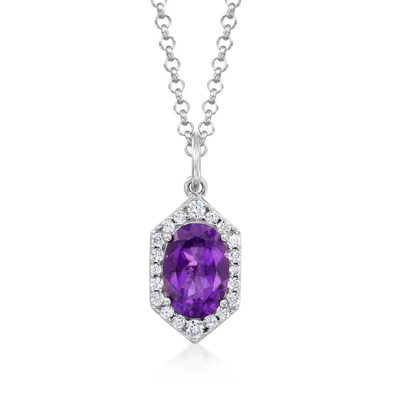 Sterling silver pendant necklace with oval amethyst CZ halo and link chain