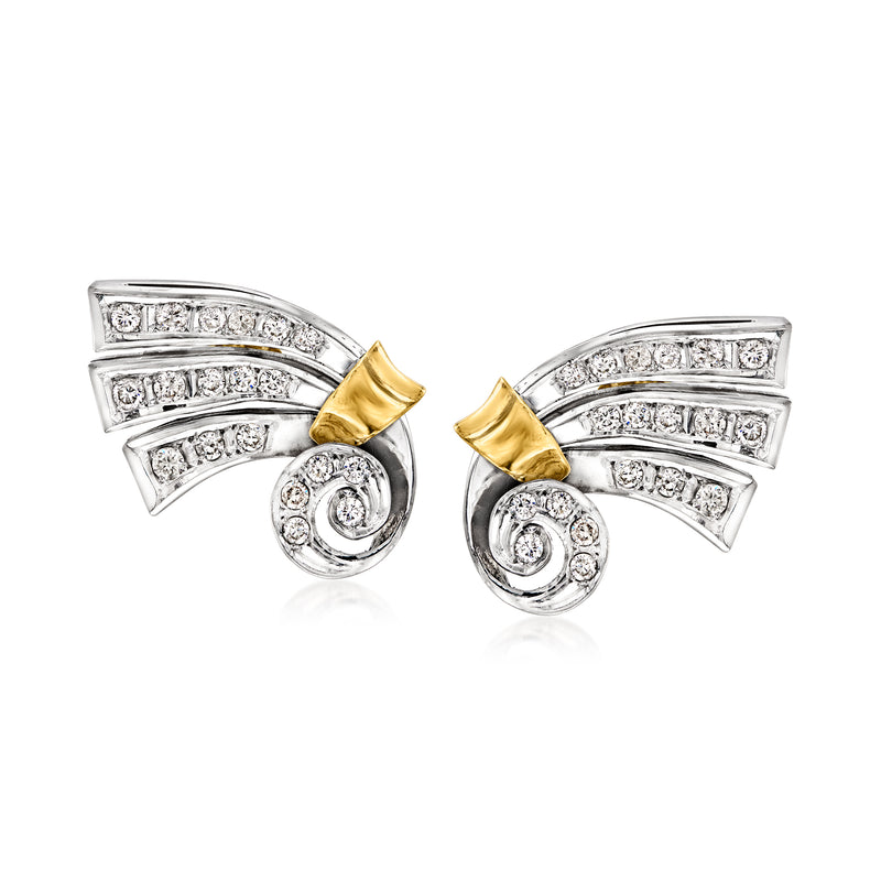 Two-tone gold diamond swirl post earrings with curved fan bars and circular center