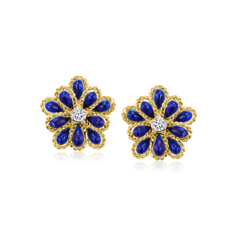 Blue enamel flower earrings with diamond-like center stones in yellow gold settings