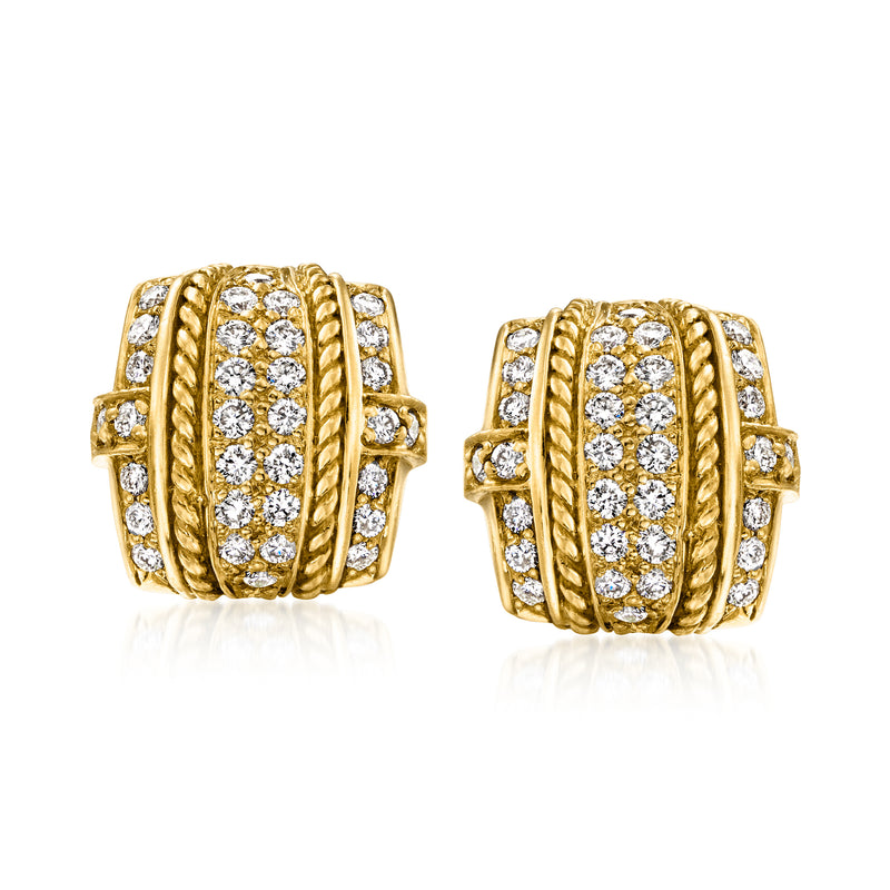 18kt yellow gold oval clip-on earrings with diamond rows in a textured rope design