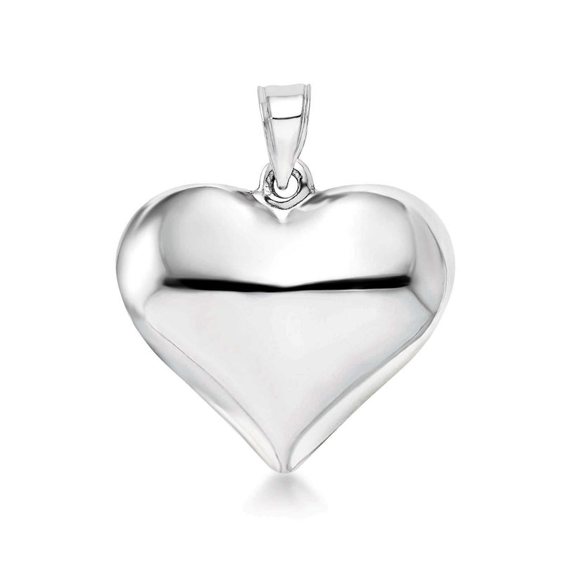 Puffed heart pendant in polished 14kt white gold with hanging bail and loop