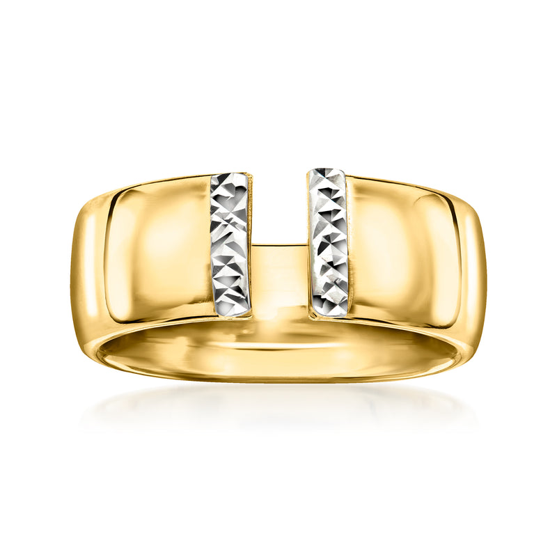 14kt two-tone gold open-space ring with two vertical channel inlays, triangular pattern
