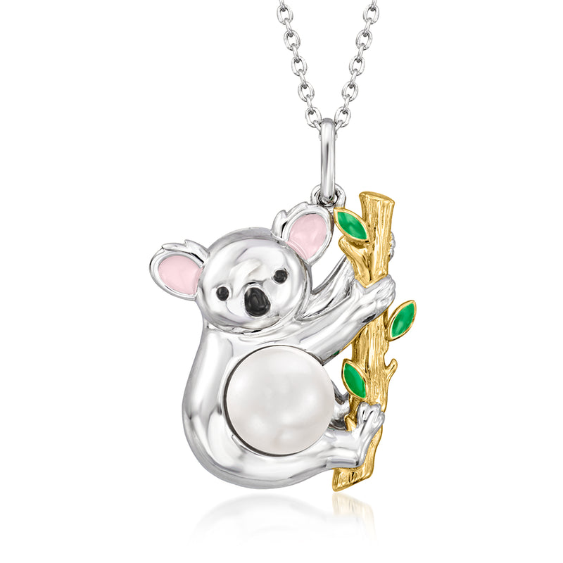 Koala pendant necklace in two-tone sterling silver with pearl and multicolored enamel