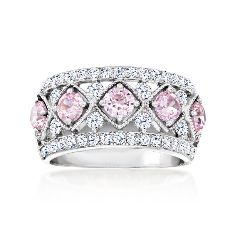 Sterling silver ring with pink oval stones and clear pave accents across the band