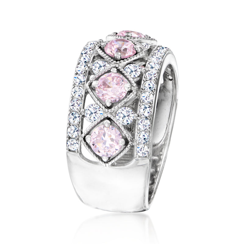 Sterling silver ring with pink simulated sapphire and clear CZ stones