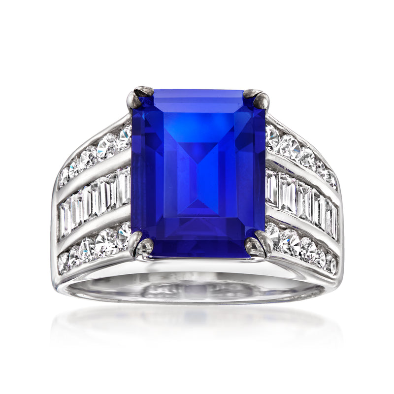 Sterling silver ring with large blue square simulated gemstone center and CZ accents