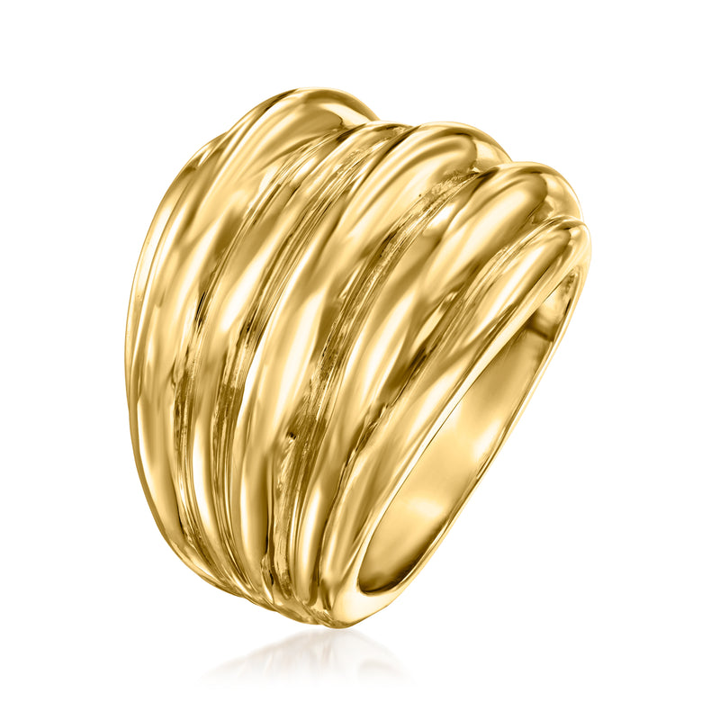 18kt yellow gold ribbed ring, wide band with three curved ridged rows