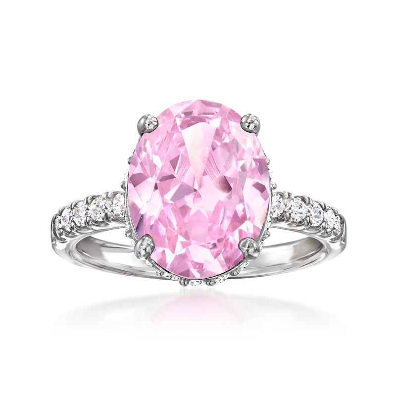 Sterling silver pink simulated sapphire ring with CZ accents and oval center