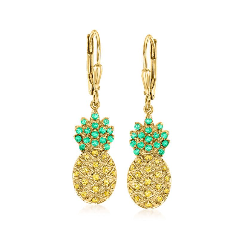Gold pineapple drop leverback earrings with yellow pave and green emerald top