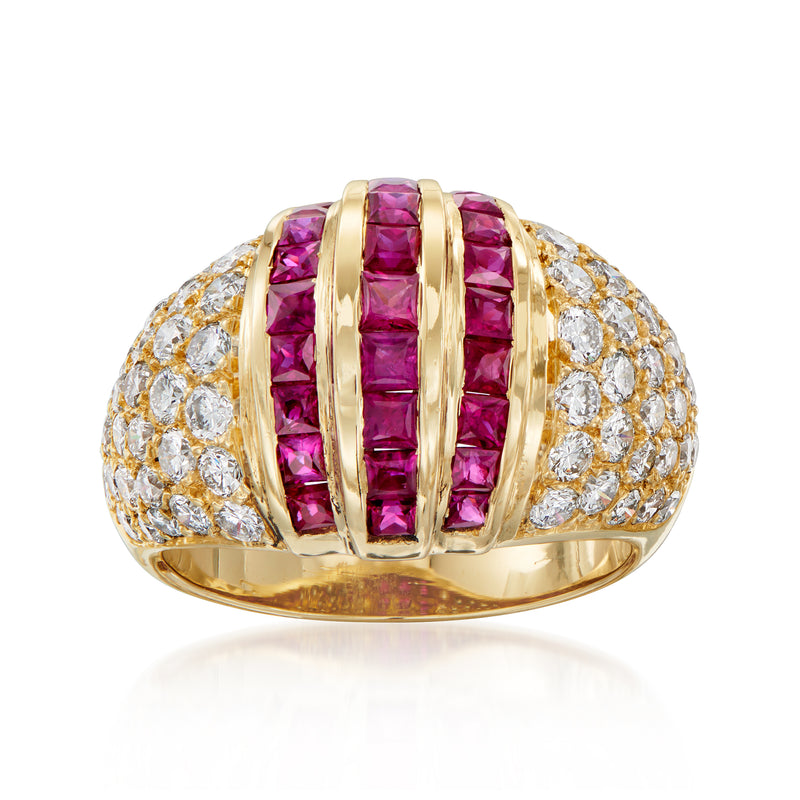 Vintage 18kt yellow gold ring with ruby center stripes and diamond pavé sides
