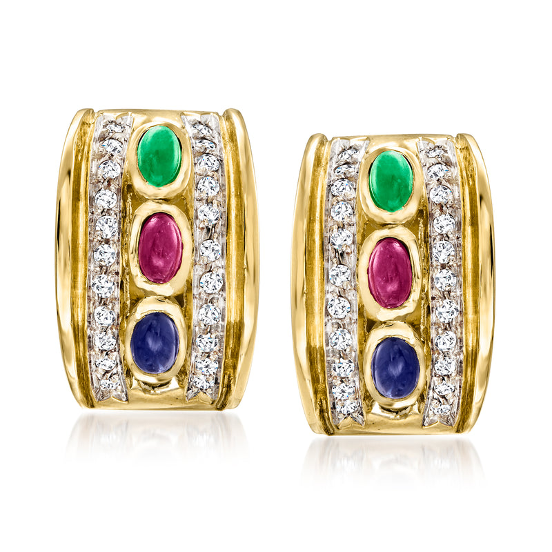 14kt yellow gold hinged hoop earrings with oval green, pink, blue gems and diamonds