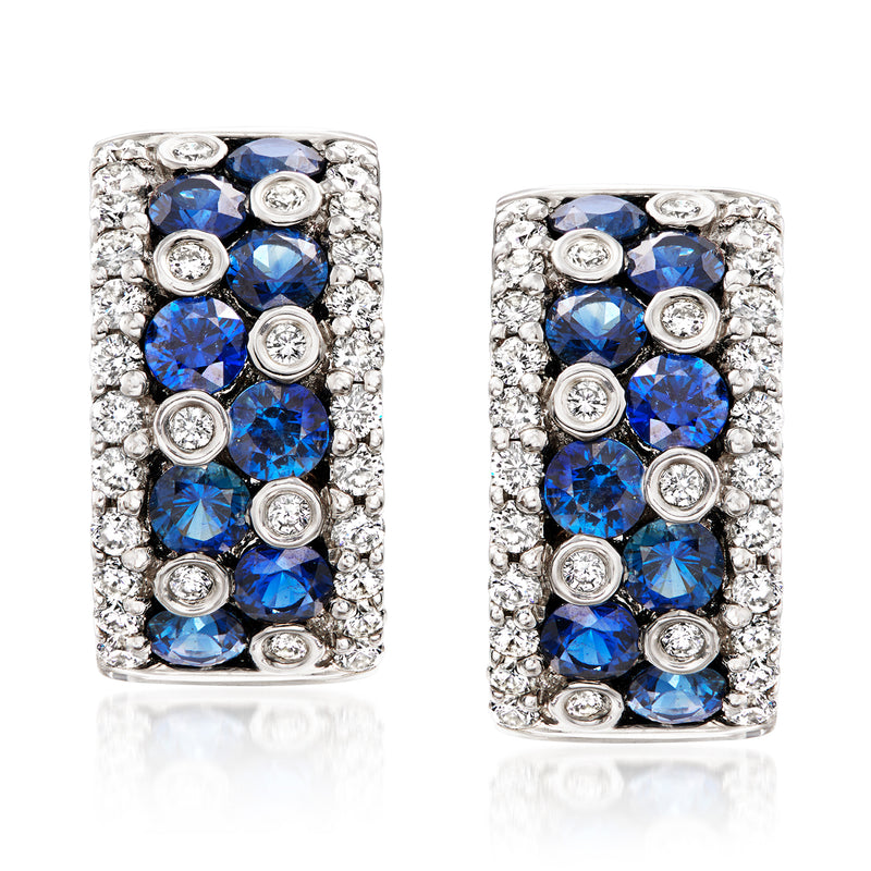 Curved 18kt white gold sapphire and diamond earrings, blue stones with round diamonds