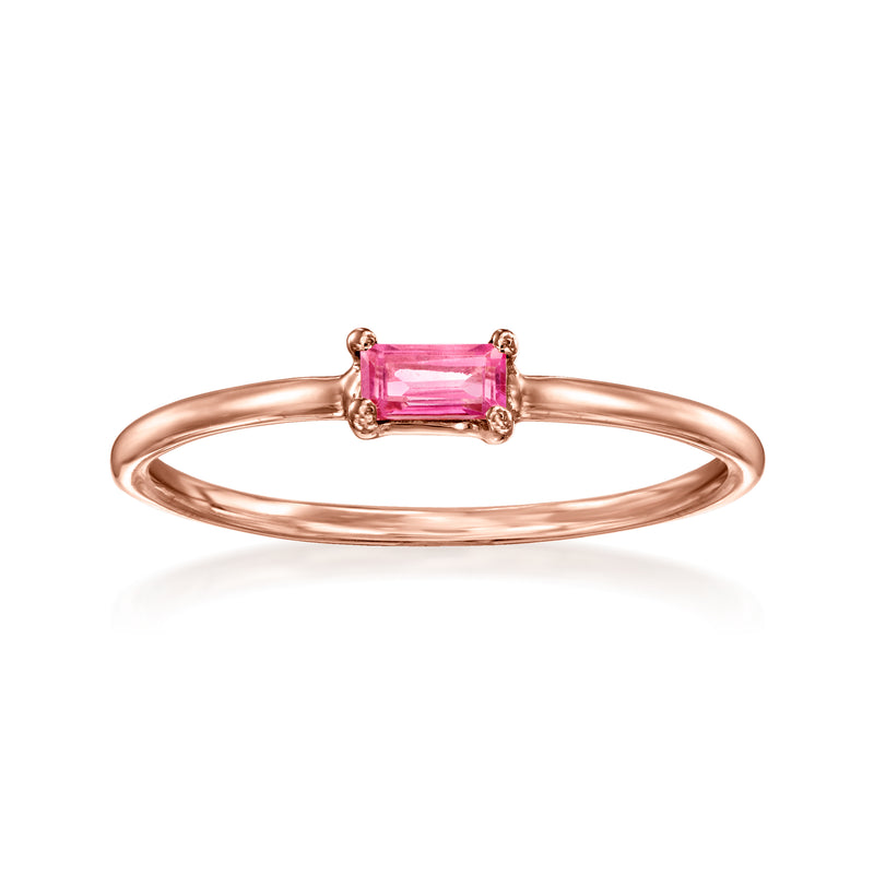 14kt rose gold baguette pink topaz ring with square-cut gemstone centerpiece