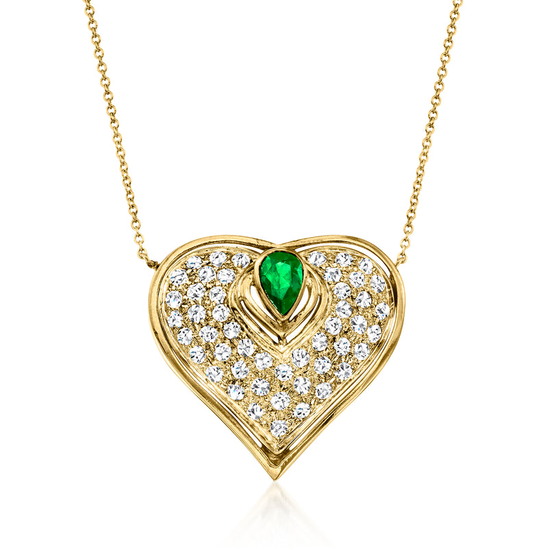 Vintage yellow-gold heart necklace with emerald center and diamond halo