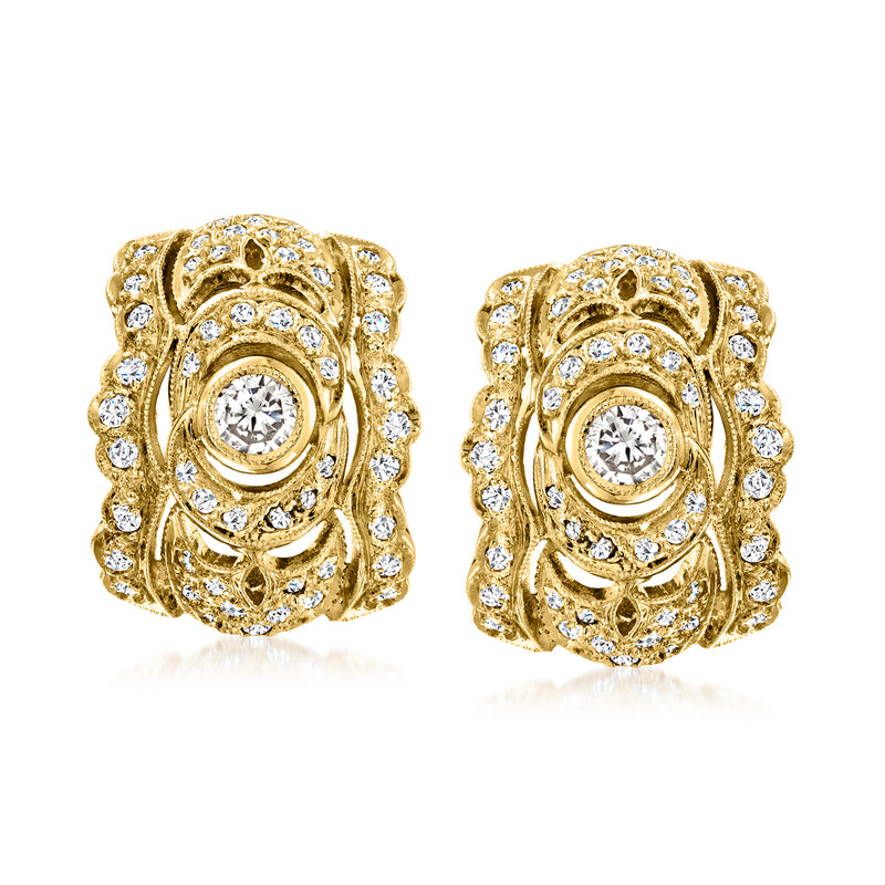Curved 14kt yellow gold diamond stud earrings with round center stones and ornate halo