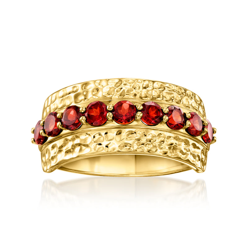 Hammered 18kt gold over sterling ring with red garnet gemstones, domed band