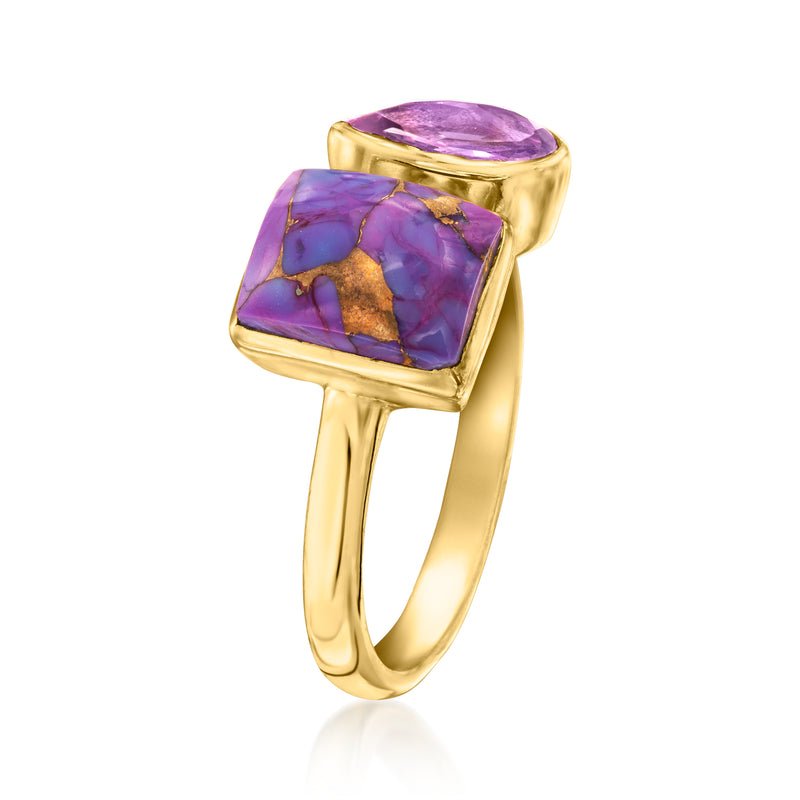 Gold toi et moi ring with square purple-and-blue stone and pear-cut purple gemstone, side view