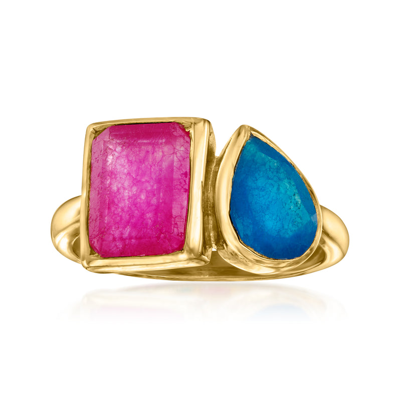 Gold over sterling toi et moi ring with square pink quartz and teardrop blue quartz
